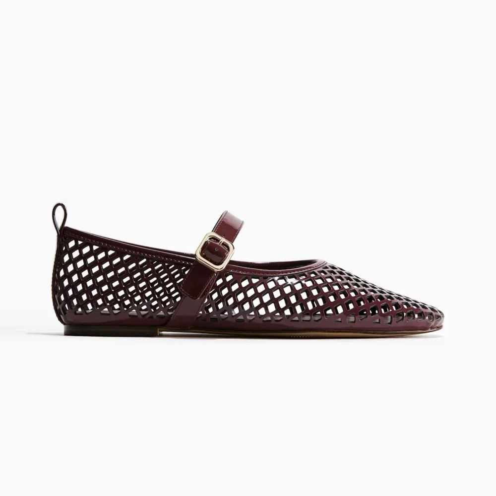 H&M Perforated Mary Jane Ballet Flats - Burgundy - Size 9 - Picture 2 of 6